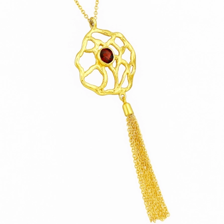 Garnet Gemstone pendant necklace, Chain Fringe necklace, Brass 22k gold plated necklace for women